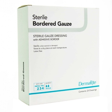 DermaRite® Bordered Gauze Adhesive Dressing  4 X 5 Inch Rectangle Sterile box