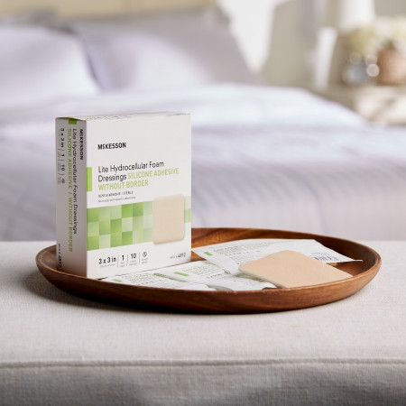 McKesson Lite Hydrocellular Thin Foam Dressing 3 X 3 Inch With Silcone Adhesive in home setting
