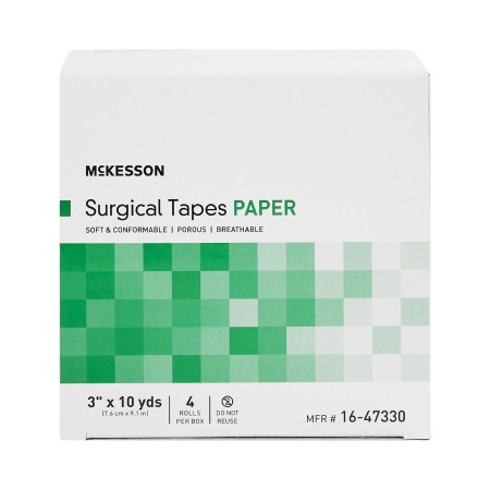 McKesson White Paper Surgical Tape 3 Inch X 10 Yards front of box