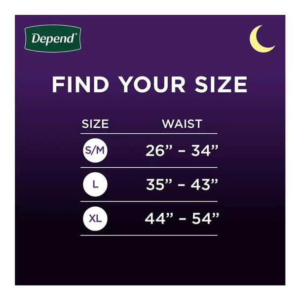 Depend Night Defense Adult Pull Ups for Men sizing chart