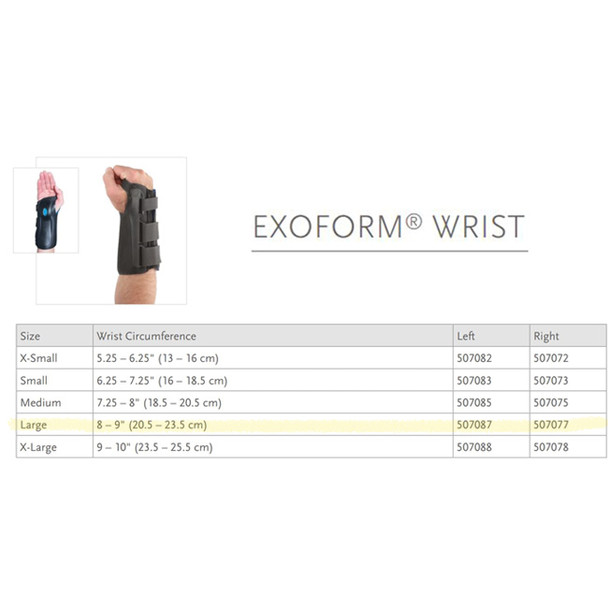 Ossur Exoform Carpal Tunnel Wrist Splint, Right Hand, Large - size chart