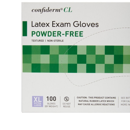 McKesson Confiderm Latex Exam Glove, Textured Fingertips close-up of box