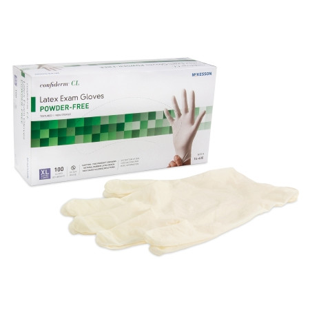 McKesson Confiderm Latex Exam Glove, Textured Fingertips - box and gloves