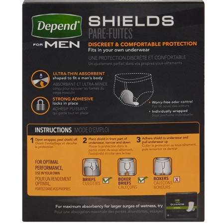 Depend Shields for Men, Light Absorbency - back of package