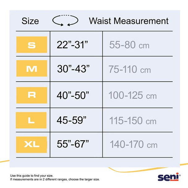 Seni Classic Incontinence Briefs, Moderate Absorbency - sizing chart