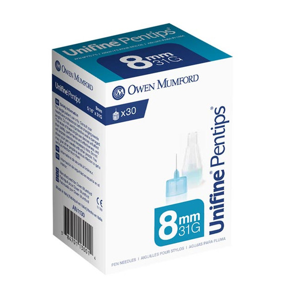 Unifine Pentips - Non-Safety Insulin Pen Needles, 31 Gauge 8mm - Box of 30