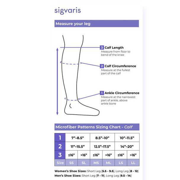 SIGVARIS Microfiber Patterns 20-30mmHg Long Length - Men - Sizing Chart