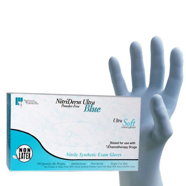 Innovative NitriDerm - Ultra Blue Synthetic Nitrile Exam Gloves Box View