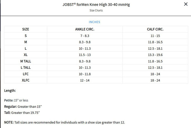 Jobst forMen - Men's 15-20mmHg Compression Support Socks sizing chart view