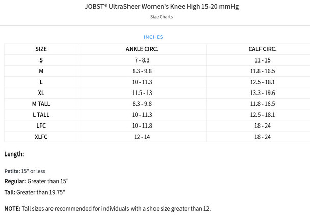 Jobst UltraSheer - Women's Knee High 15-20mmHg Compression Support Stockings sizing chart view Jobst UltraSheer - Women's Knee High 15-20mmHg Compression Support Stockings sizing chart view