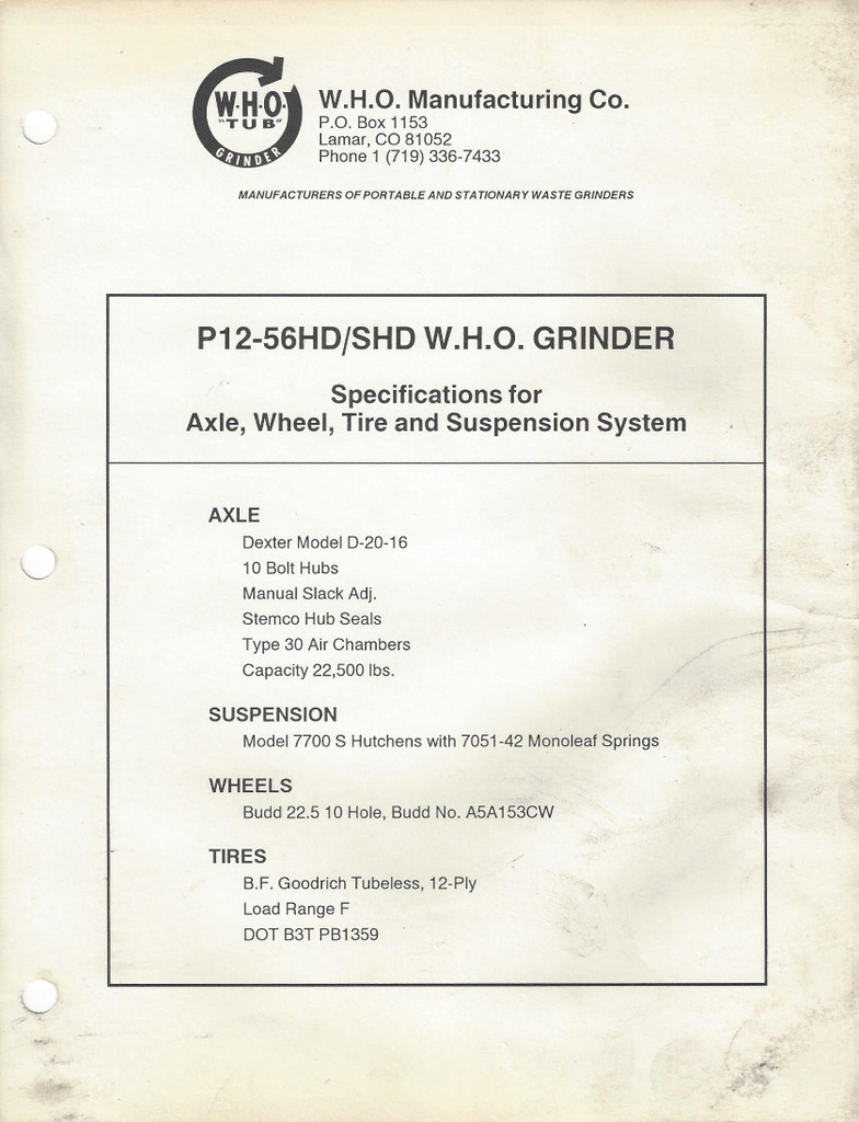 WHO P-12-56 Tub Grinder Manual