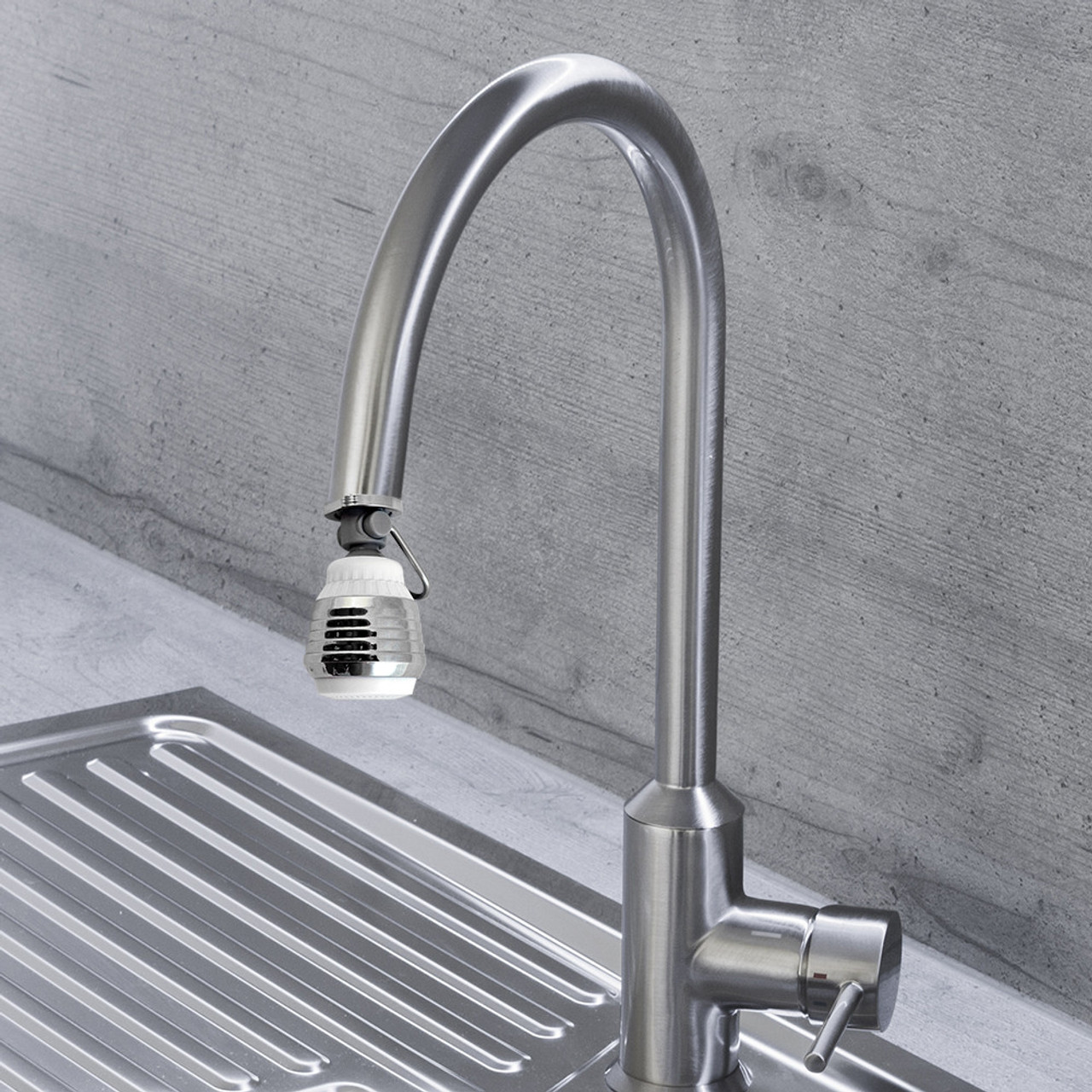 Chrome/White Dual Spray Swivel Kitchen Faucet Aerator on long sink spout