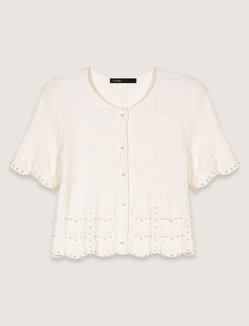 Beaded pointelle knit cardigan - White