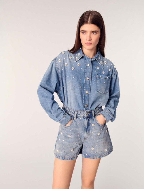 Denim shorts with embroidered beads - Blue