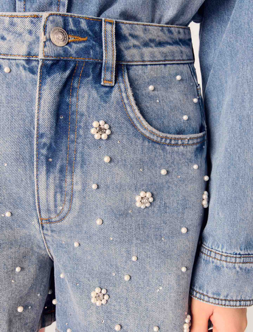 Denim shorts with embroidered beads - Blue