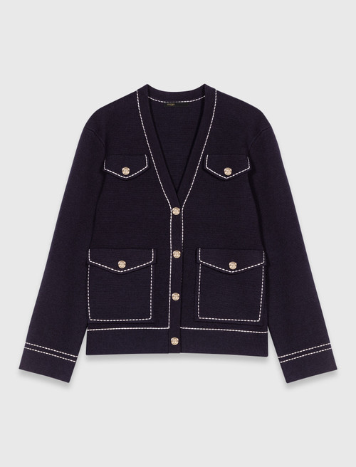 Long topstitched knit cardigan - Navy