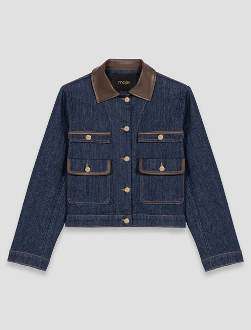 Denim jacket with faux leather - Navy