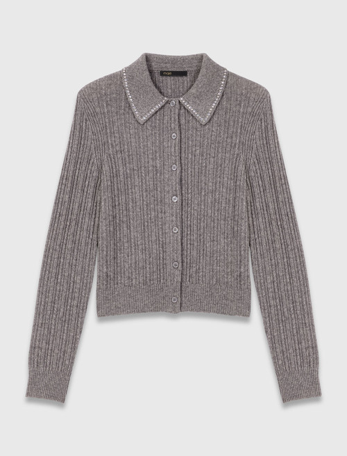 Rhinestone collar cardigan - Grey