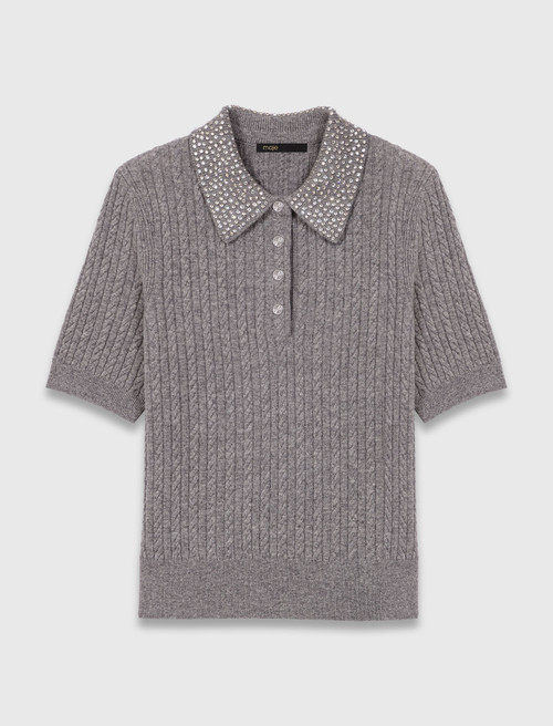 Wool polo shirt with rhinestone collar - Grey