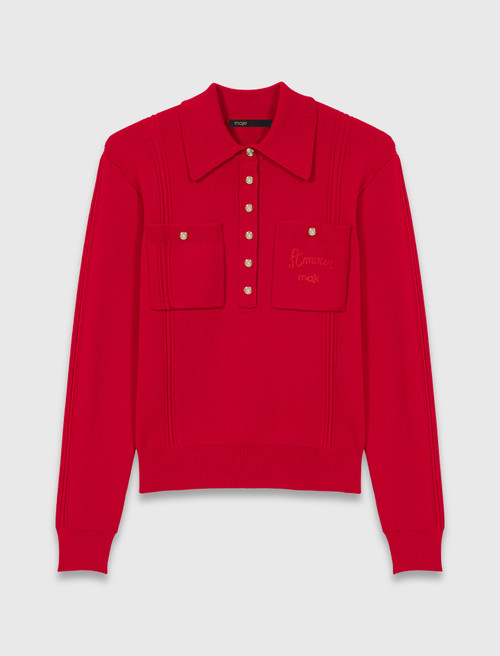 Polo collar jumper with embroidery - Red