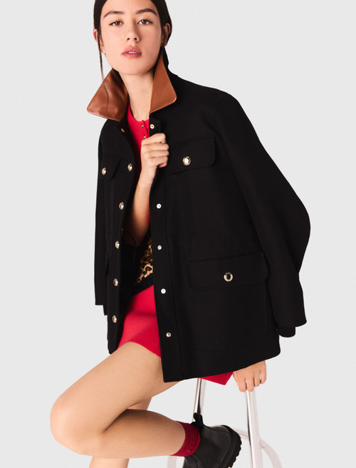 Parka with leather collar - Black