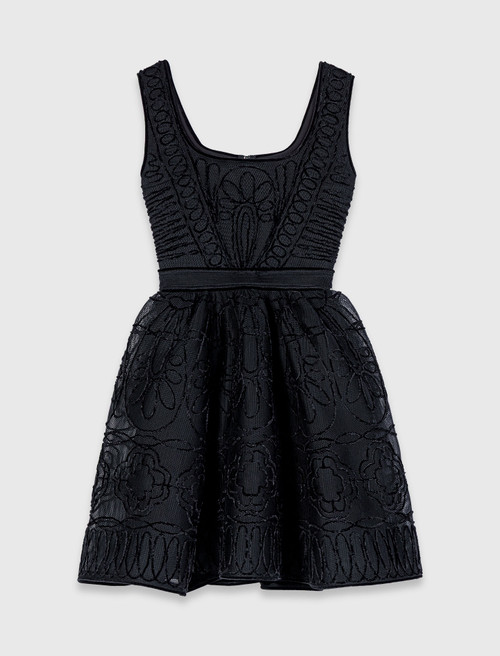 Short embroidered basket knit dress - Black