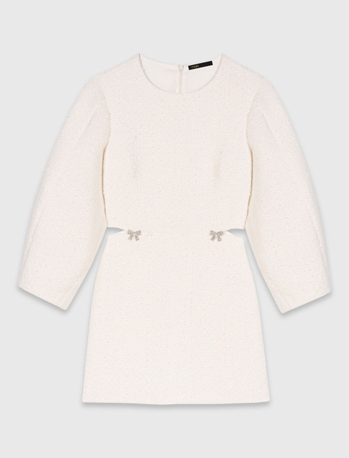 Short balloon sleeve tweed dress - Ecru