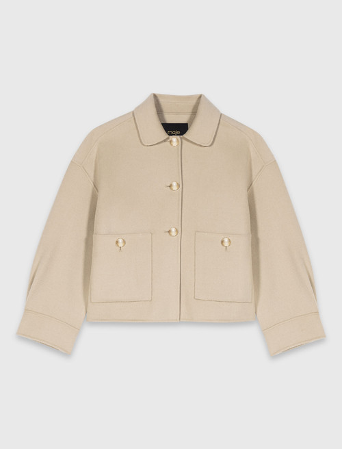 Short pleated back wool jacket - Beige
