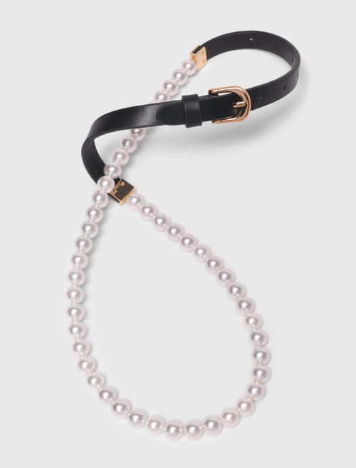Mixed bead and leather belt - Black