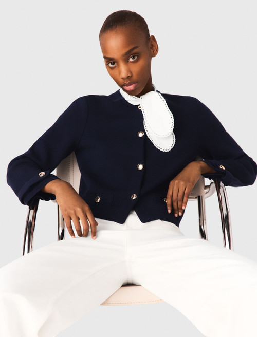 Detachable embroidered collar cardi - Navy