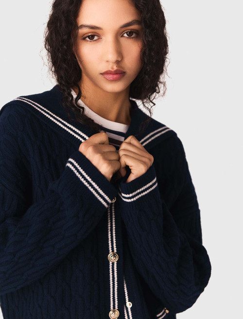 Cable knit boat neck cardigan - Navy