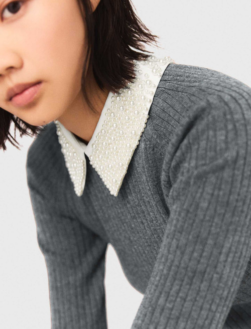 Beaded collar short knit dress - Grey