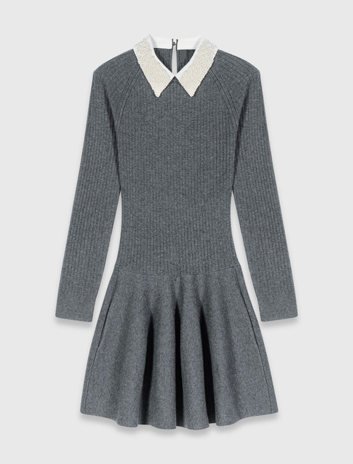 Beaded collar short knit dress - Grey