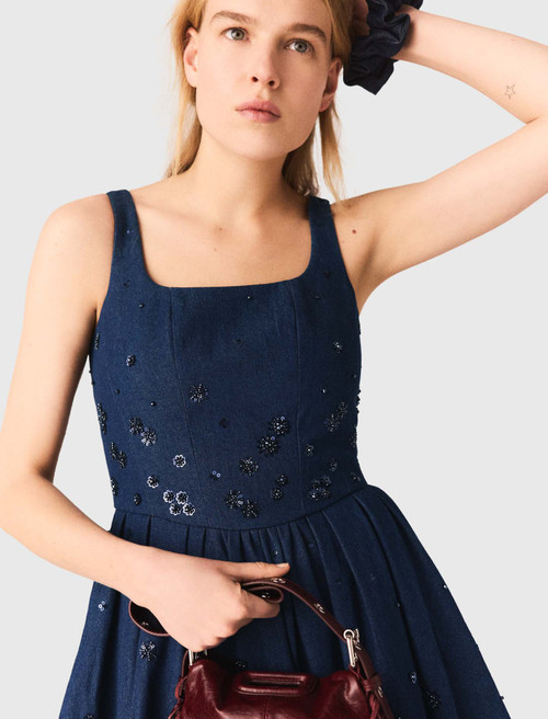 Flared embroidered denim dress - Navy