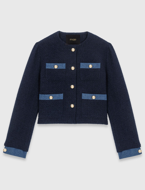 Tweed jacket with denim trim - Navy