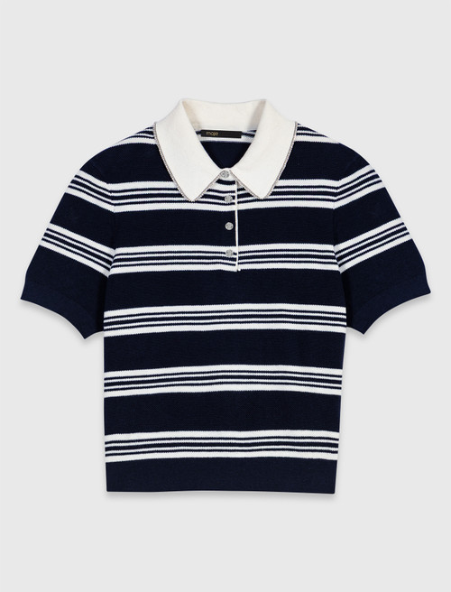 Striped polo with rhinestone collar - Ecru