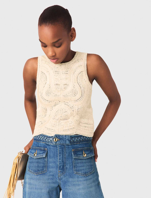 Sleeveless crochet knit top - Beige