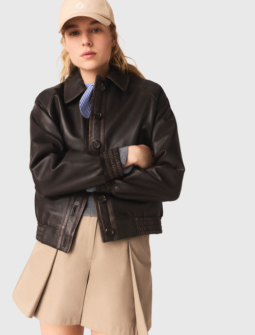 Cropped leather jacket - Brown