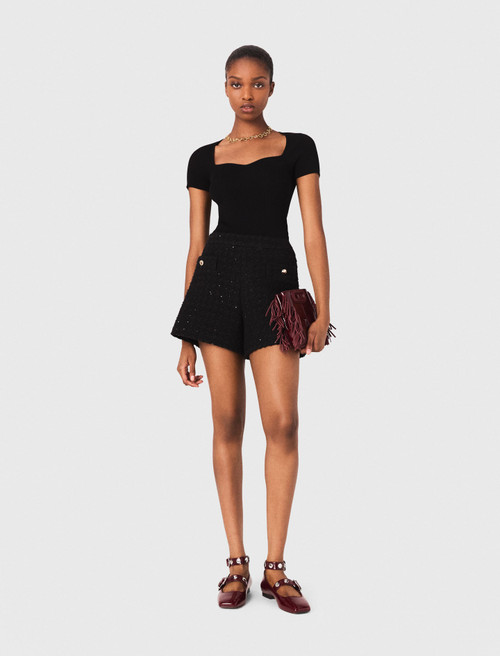 Short sleeve rib knit top - Black