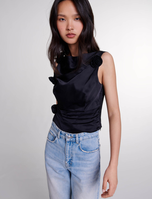 Satin effect draped top - Black Satin effect draped top - Black