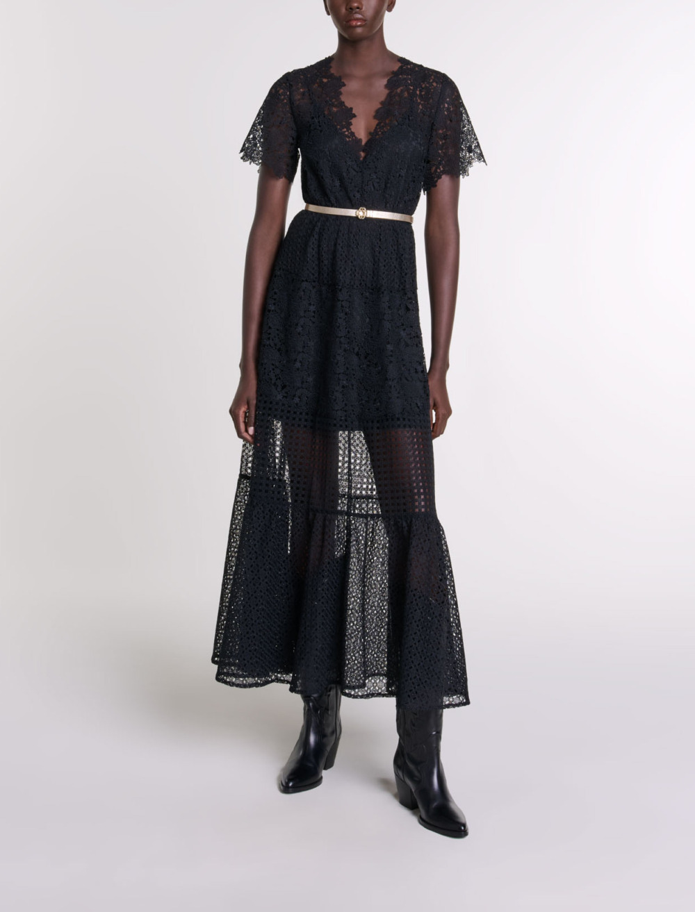 Flared lace maxi dress - Black