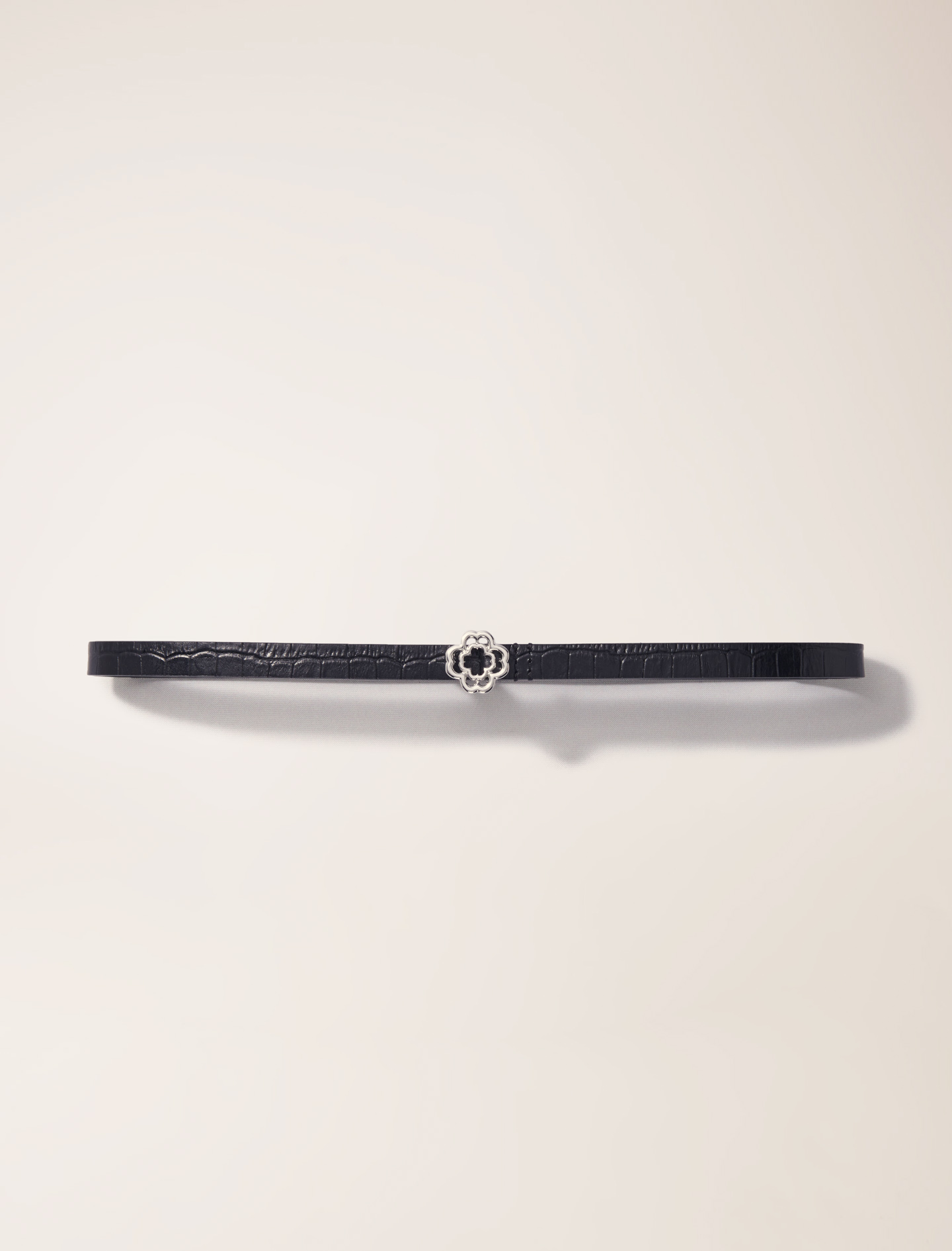 Slim mock croc leather Clover belt - Black