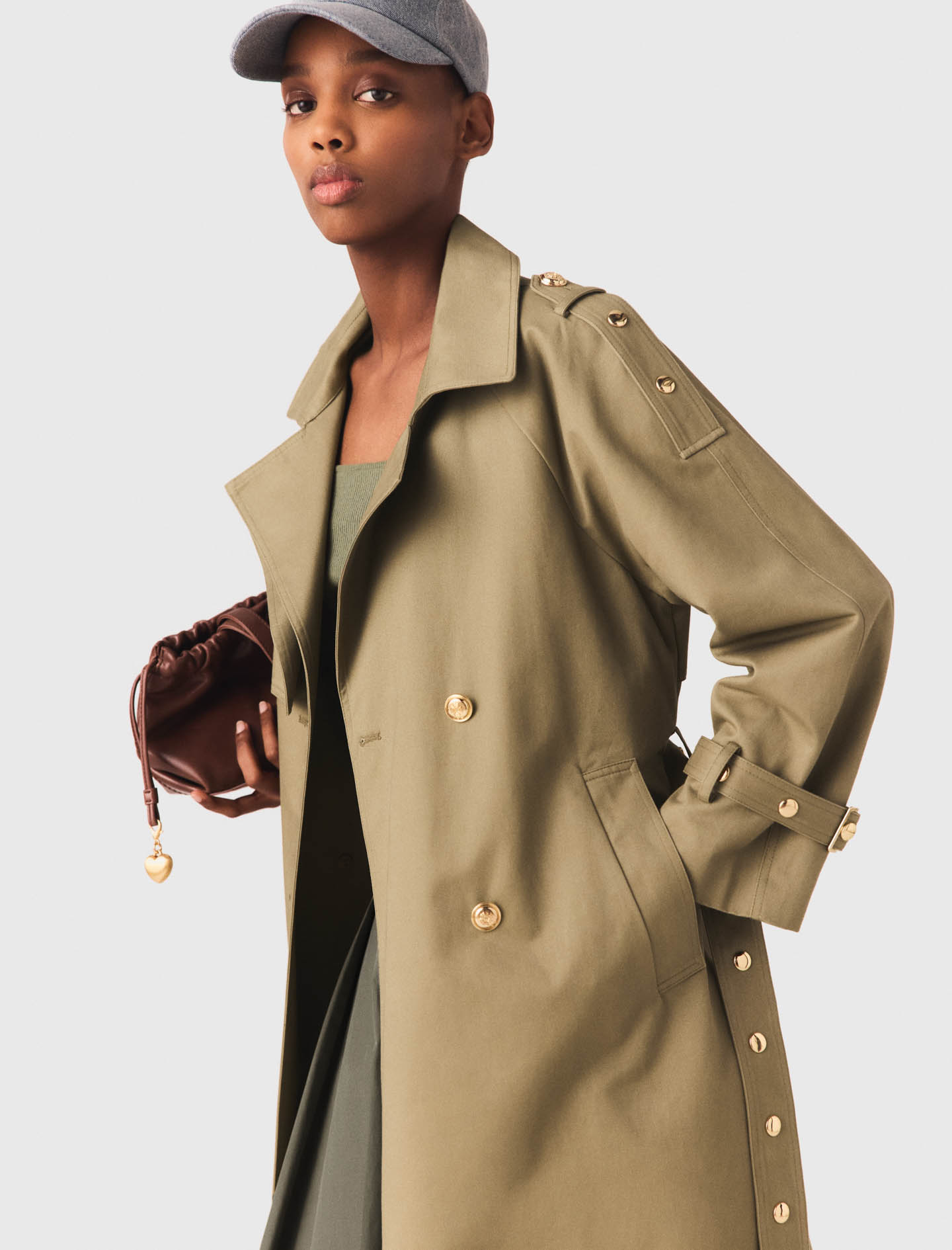 Removable collar stud trench coat - Green