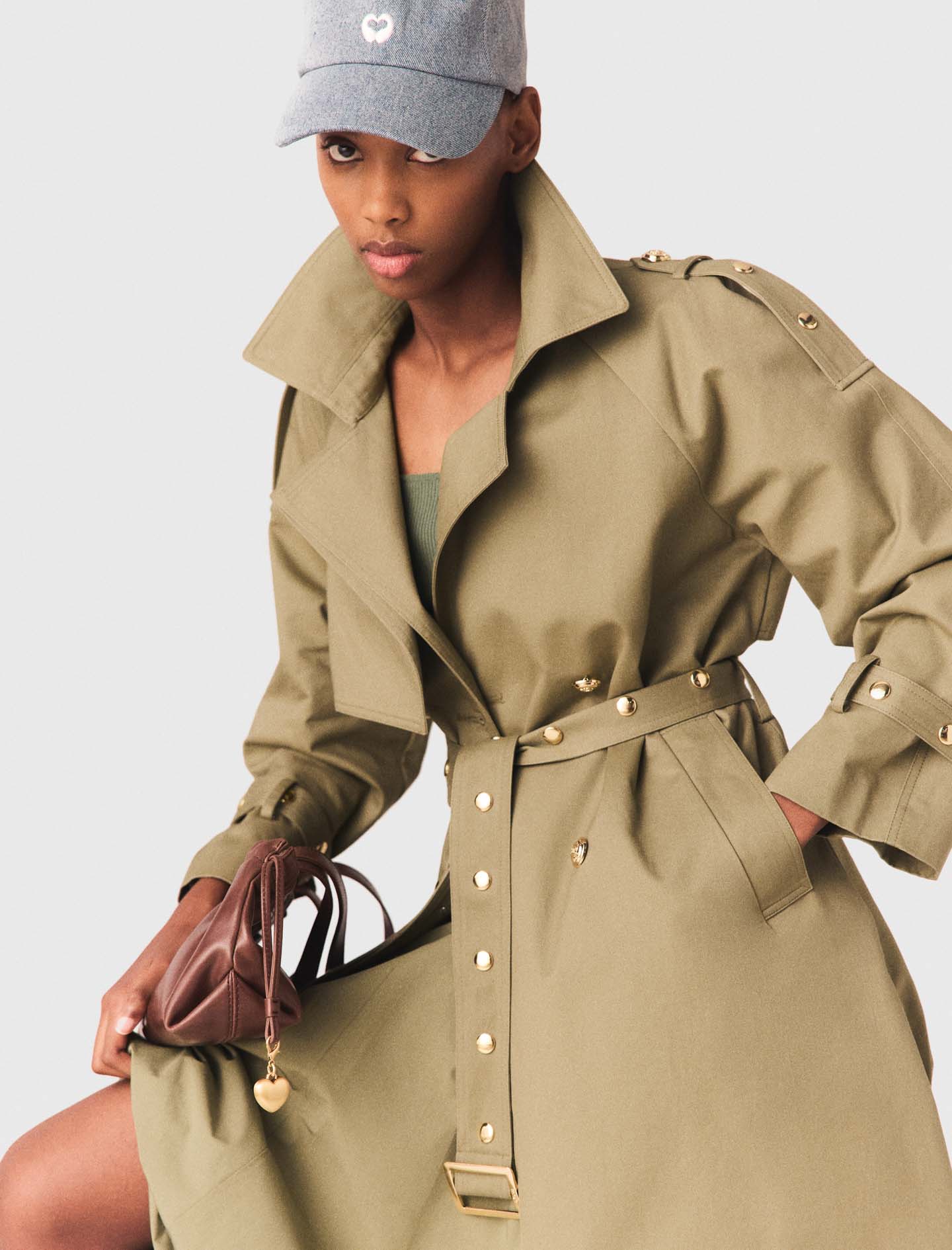 Removable collar stud trench coat - Green