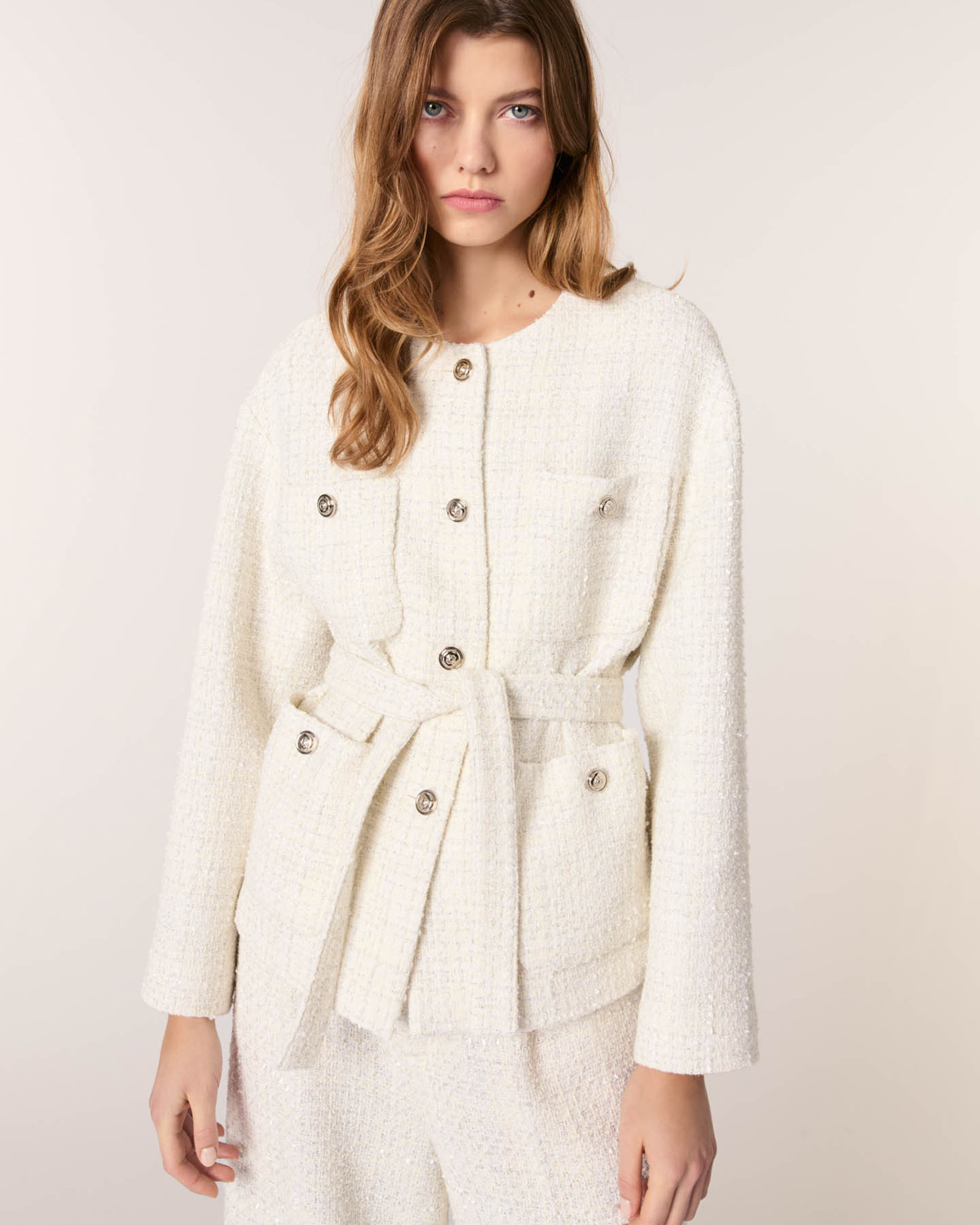 Belted tweed jacket Ecru | Maje