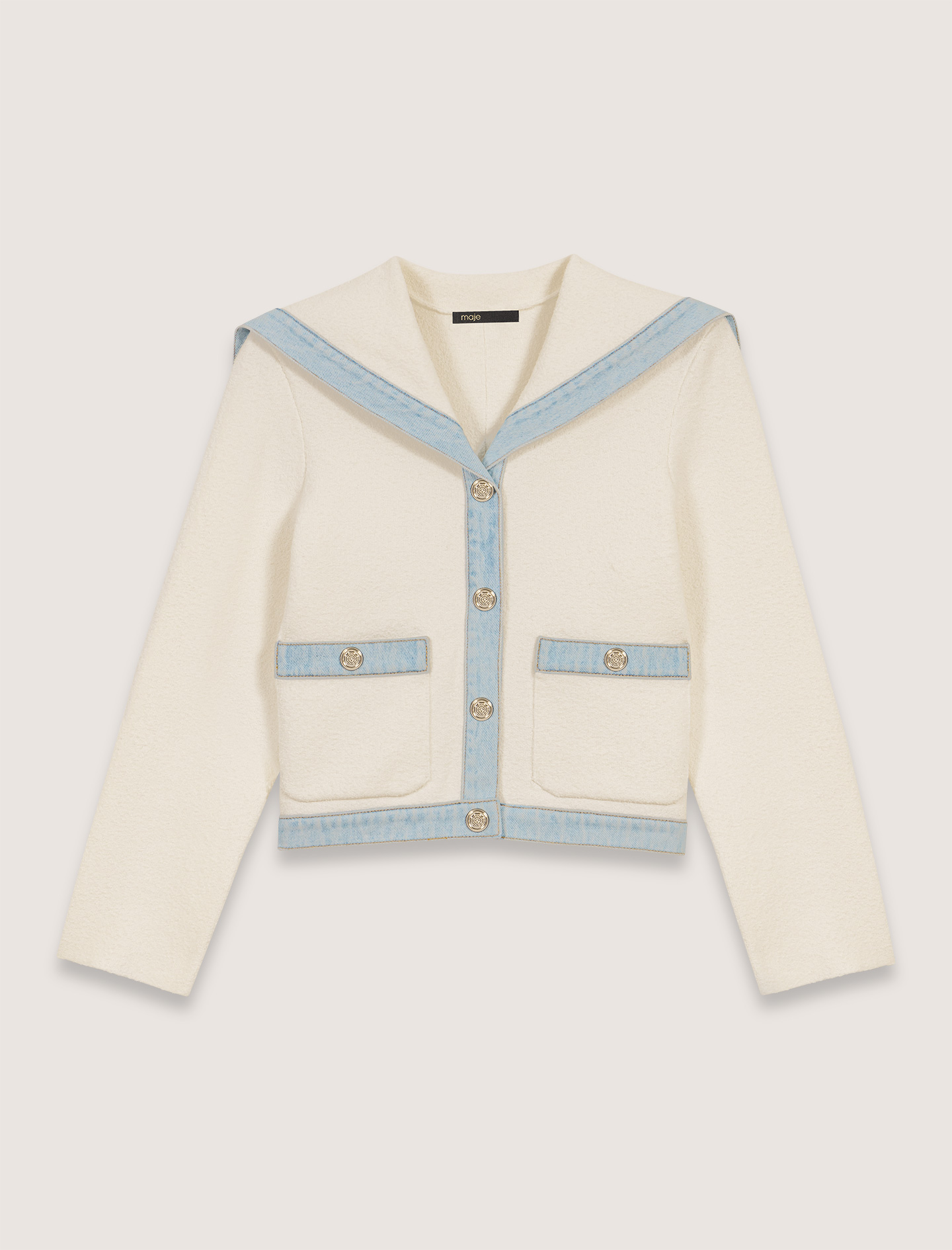 ❤️人気新作 新品 maje カーディガン Crew neck denim detail cardigan Ecru | Maje