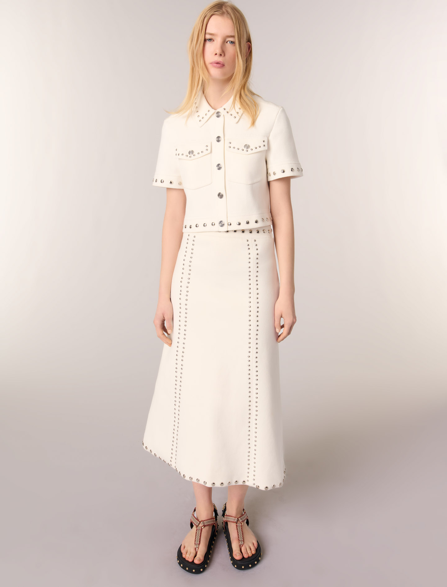 Knit midi skirt with studs Ecru | Maje