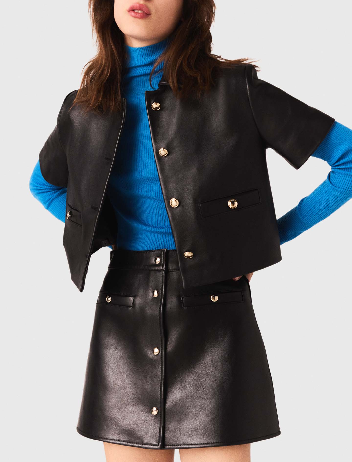 Short sleeve leather jacket Black | Maje
