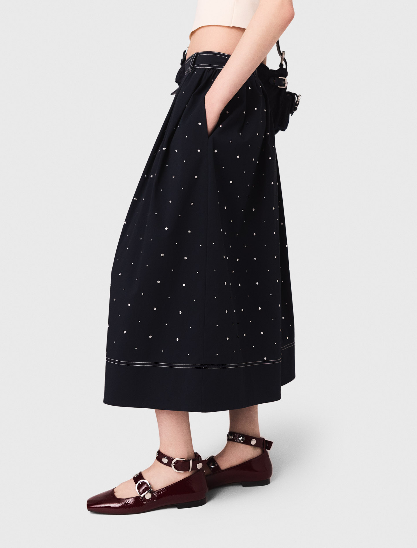 【mnem】Studded Cotton Skirt Long studded cotton skirt Navy | Maje