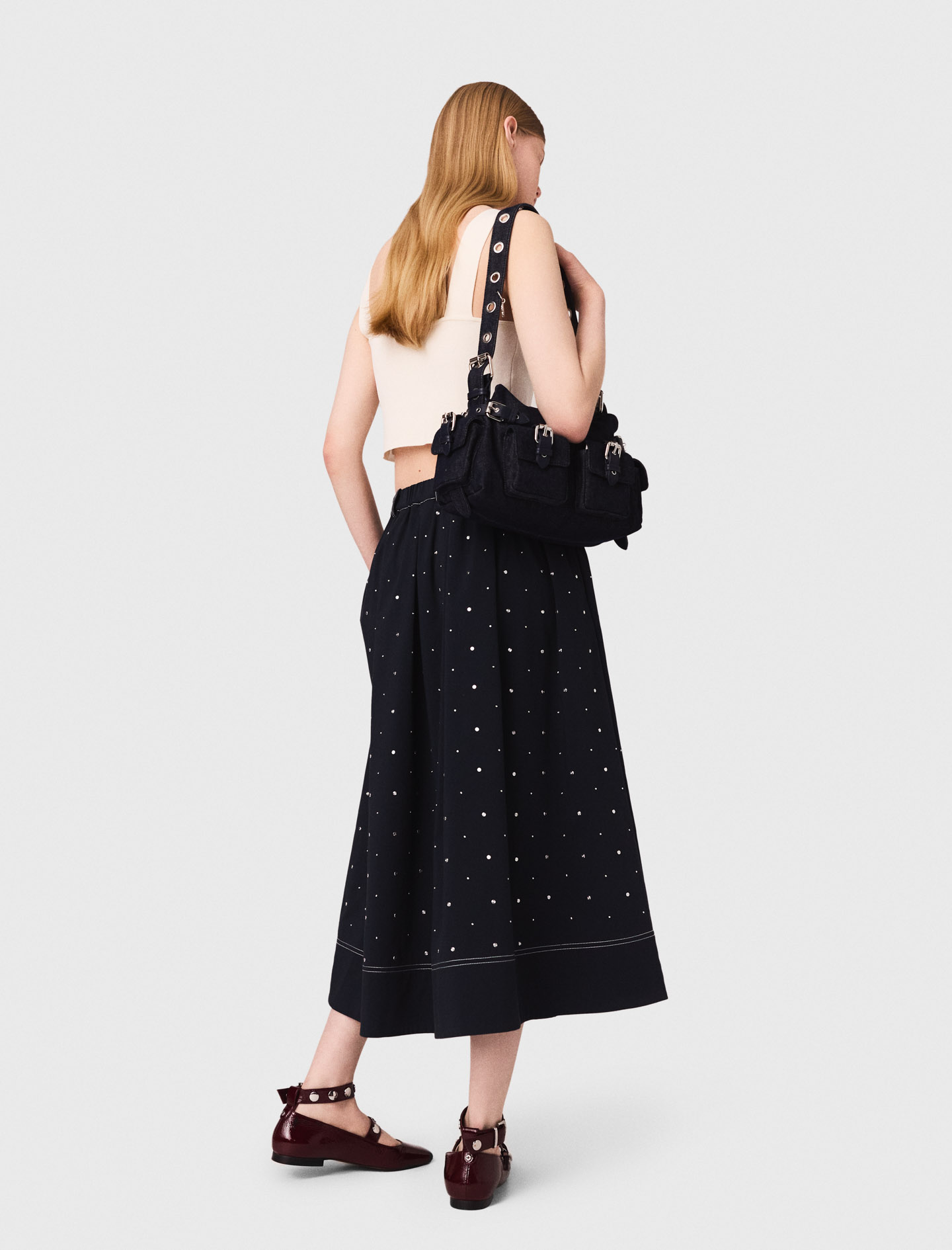 【mnem】Studded Cotton Skirt Long studded cotton skirt Navy | Maje